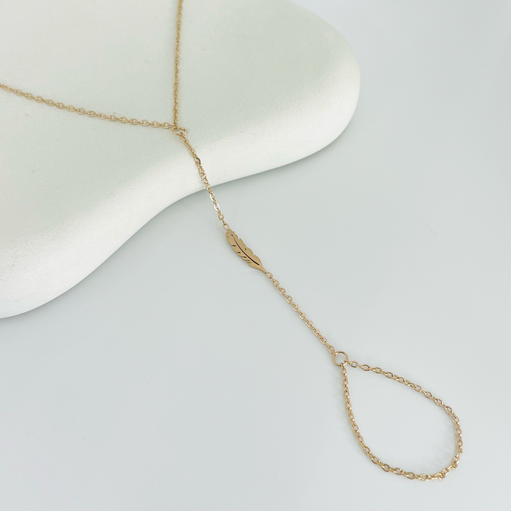 Feather Rose Gold Hand Chain (Bracelet With Ring)