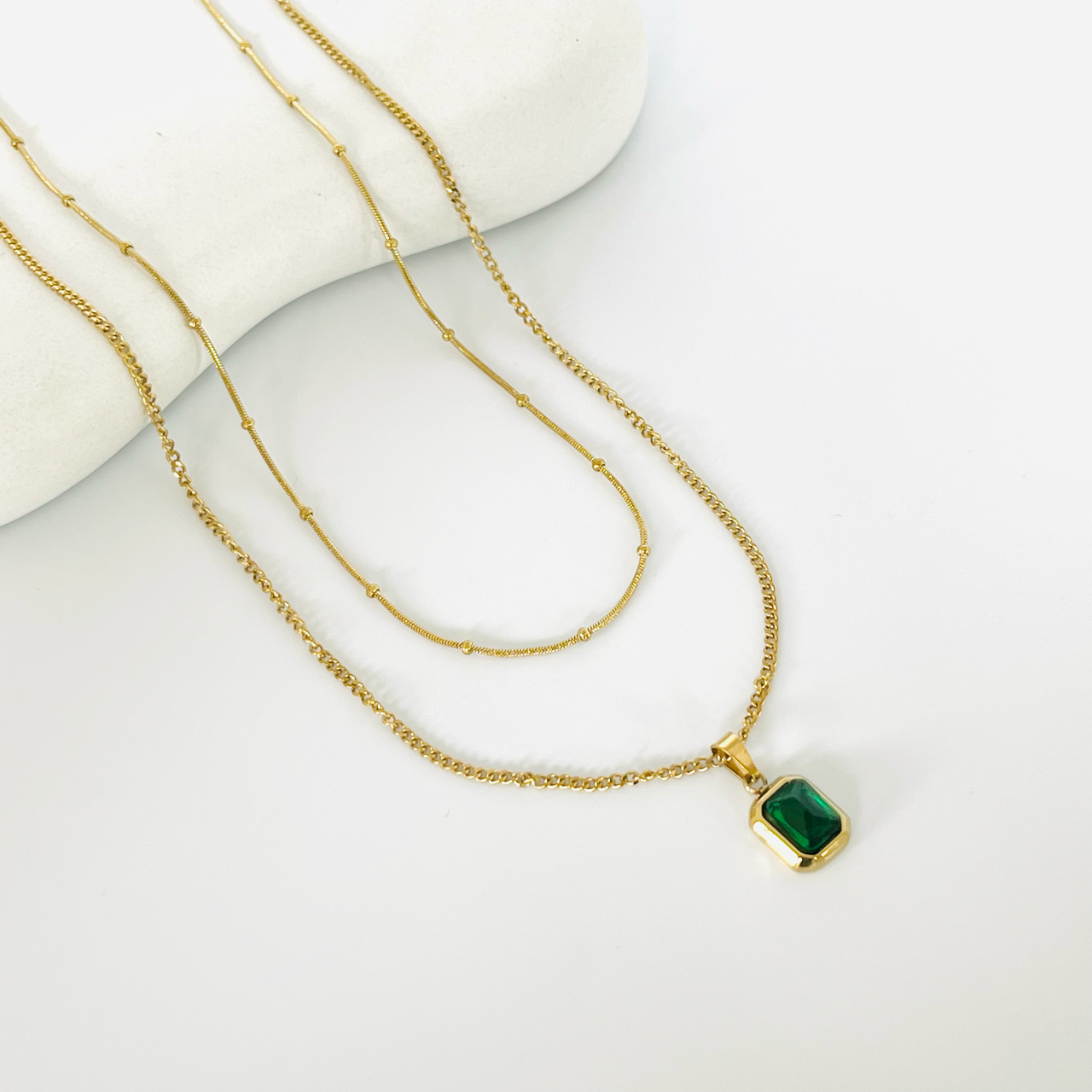 Green Stone Layered Gold Necklace