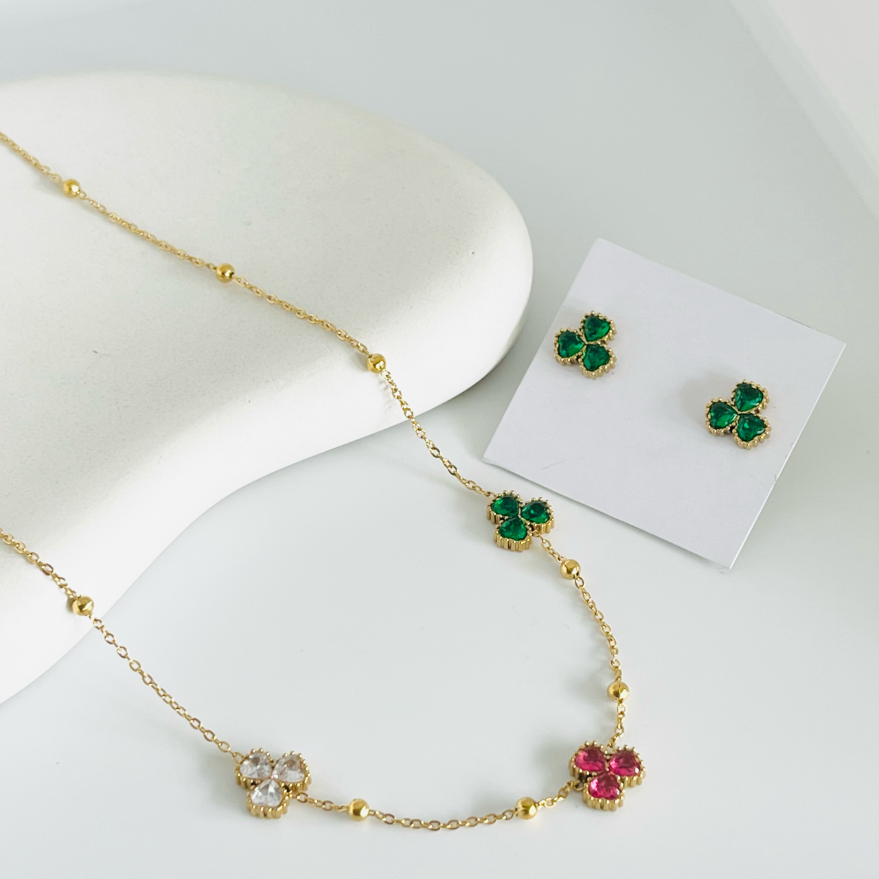 Multi Clove Stone Gold Combo Set Earrings and Necklace