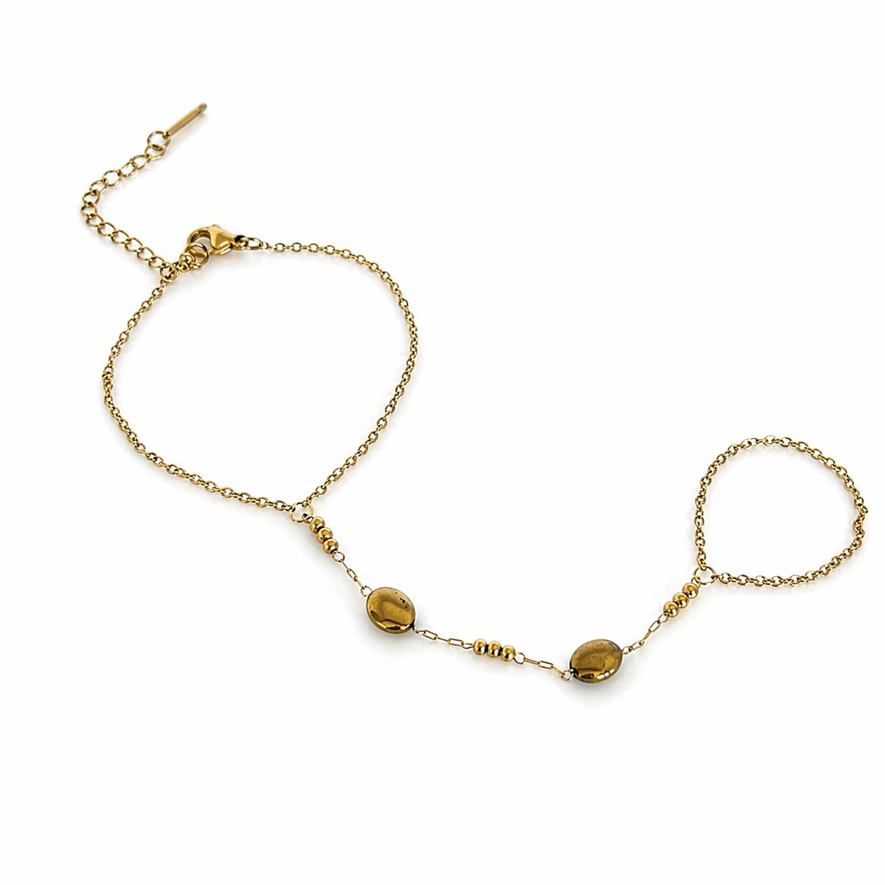 Oval Bead Gold Hand Chain  (Ring With Bracelet)