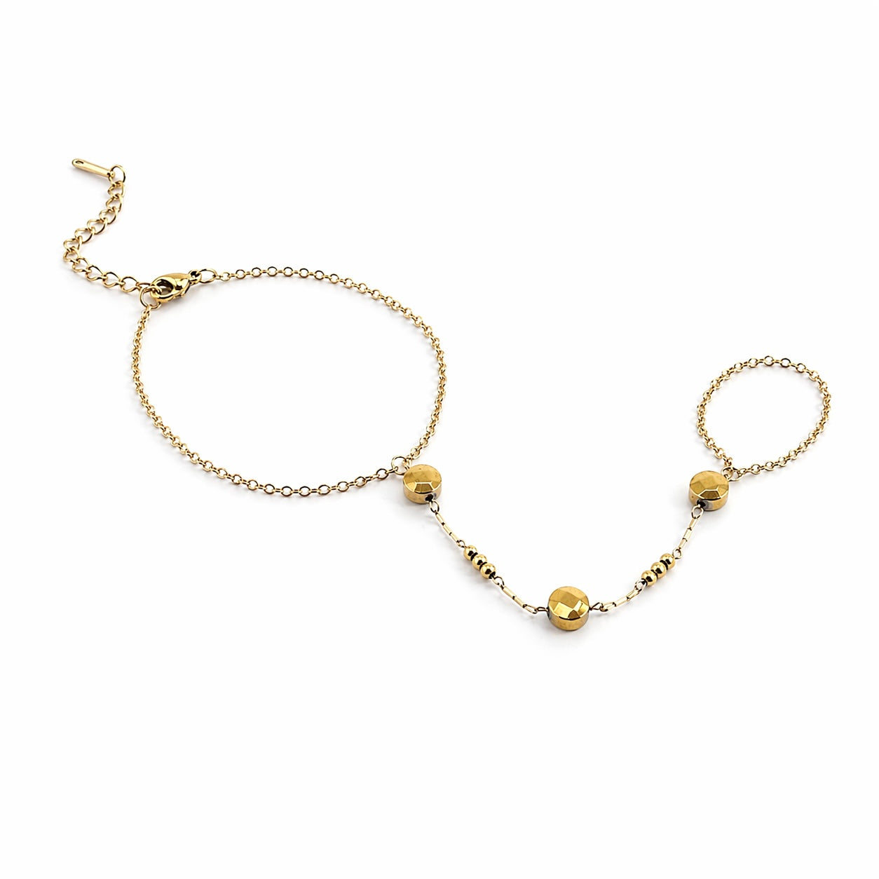 Round Beaded Gold Hand Chain  (Ring With Bracelet)