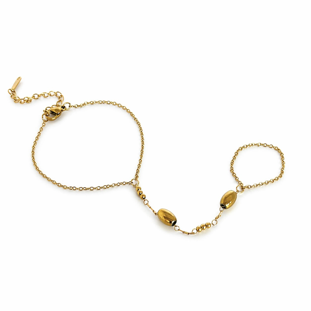 Oval Beaded Gold Hand Chain  (Ring With Bracelet)