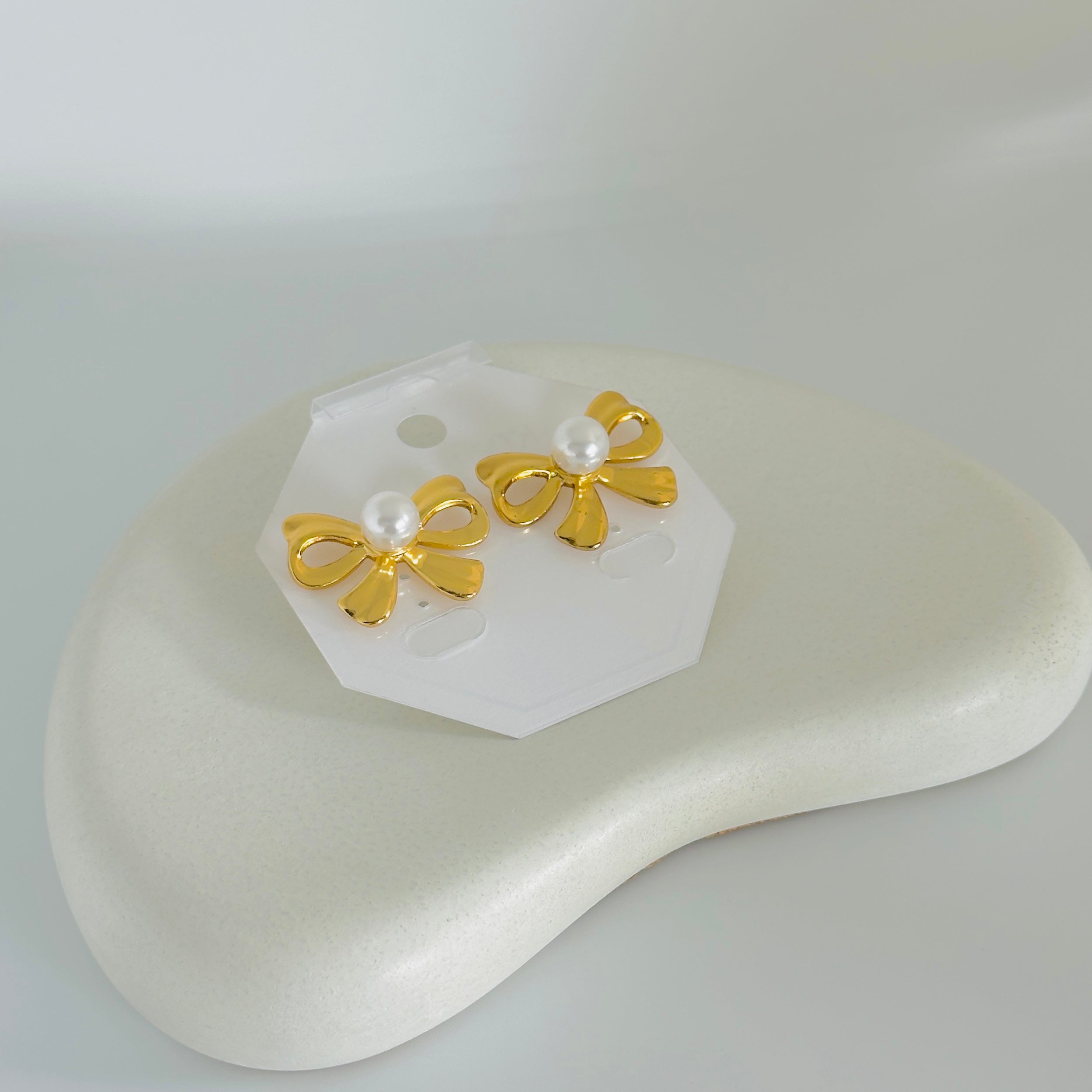 Pearl Bow Gold Earrings