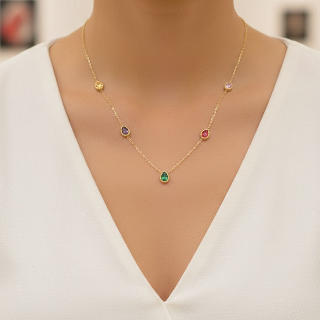 Flora Multi Stones Gold Necklace