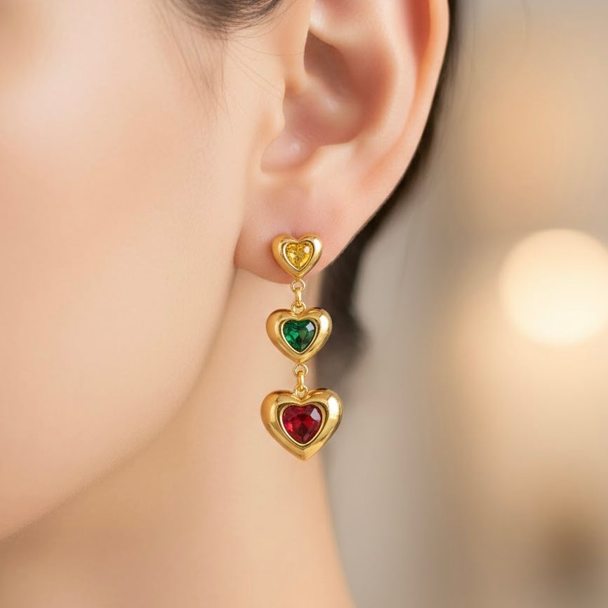 Multi Hearts Gold Earrings