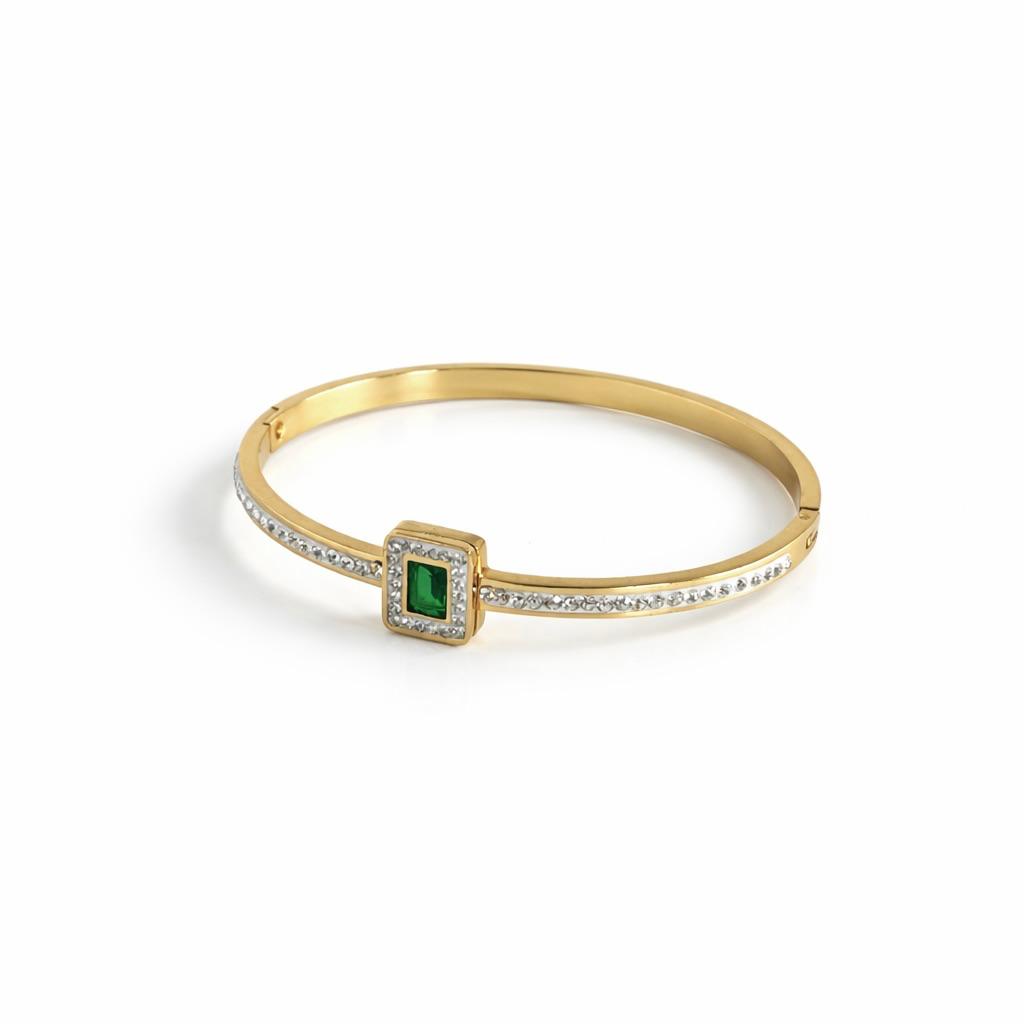 Green Stone Gold Bangle Bracelet (Free Size)