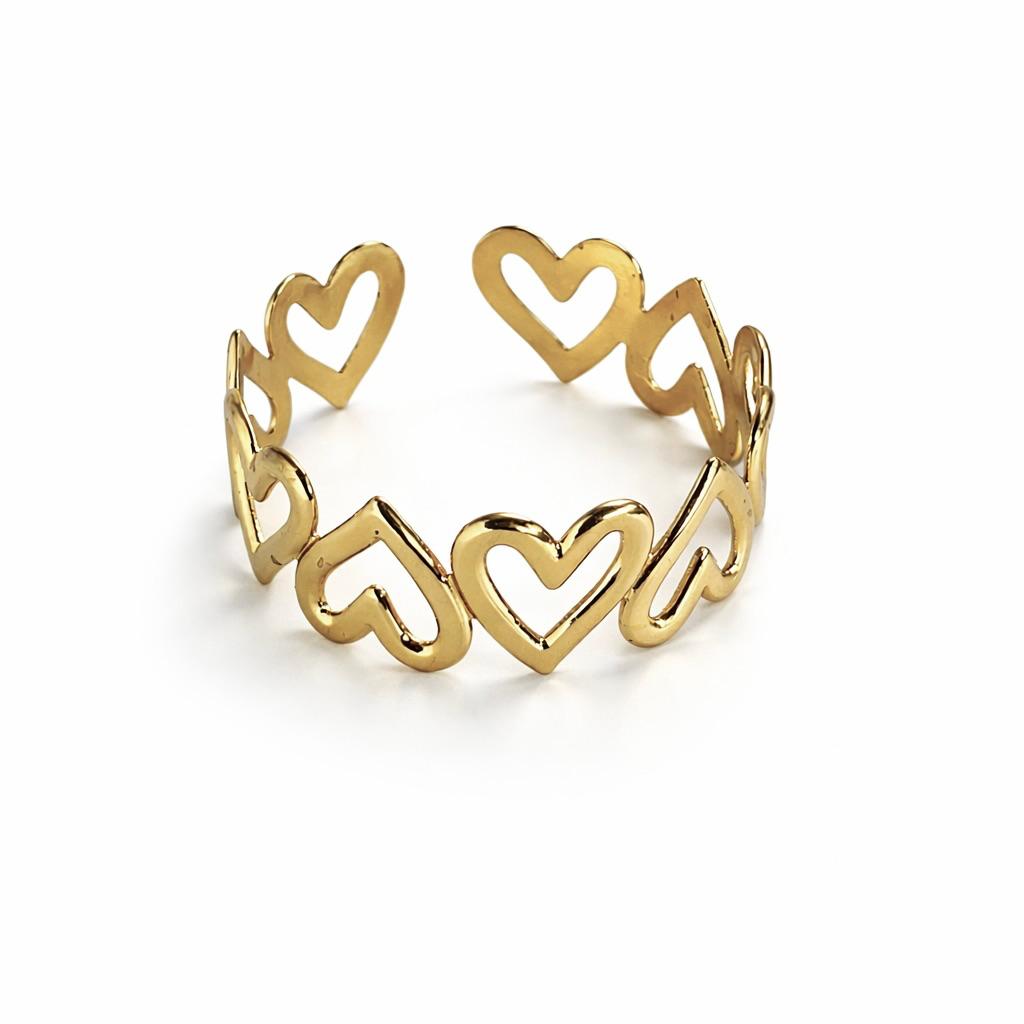 Heart Link Gold Bangle Bracelet (Adjustable Size)