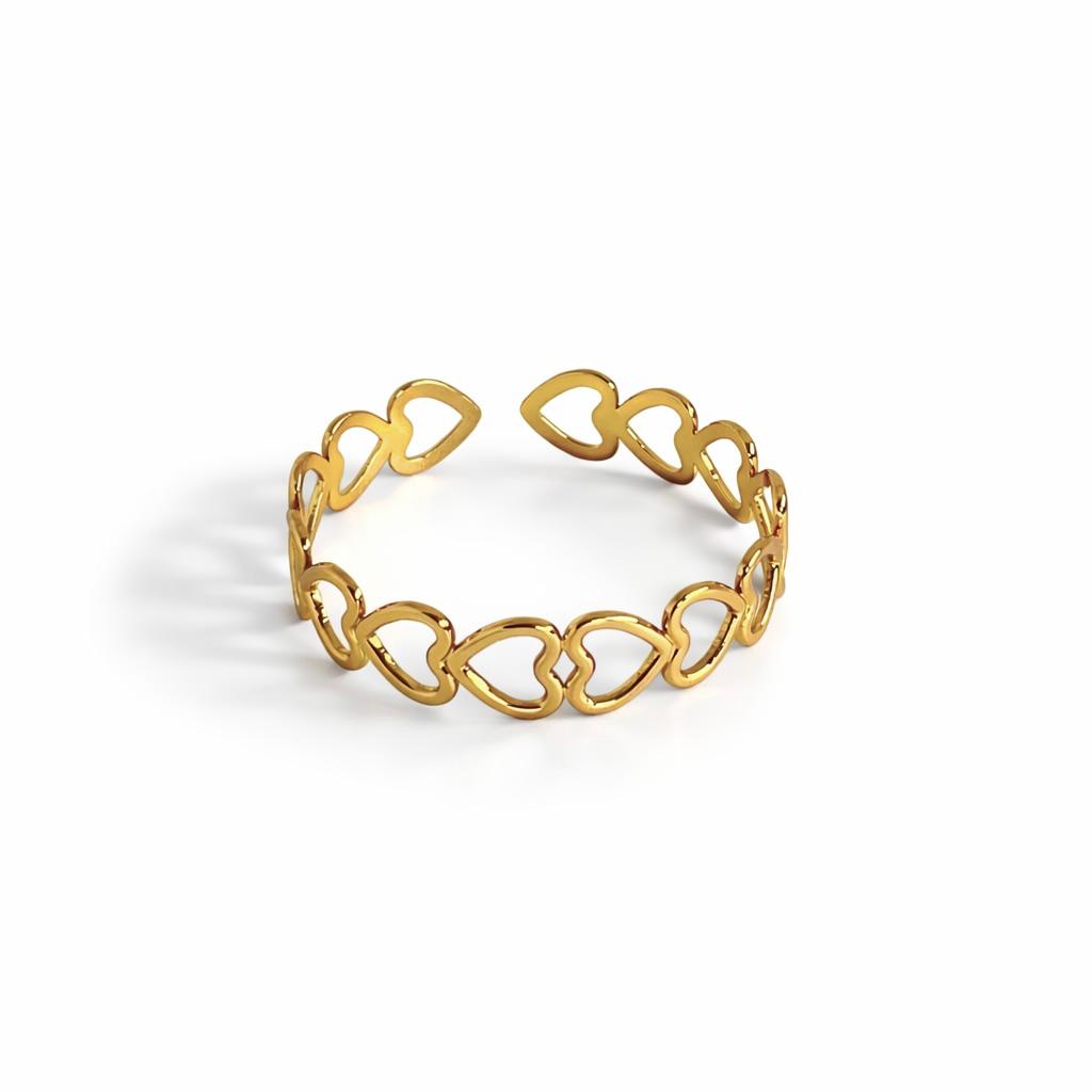 Linked Heart Gold Bangle Bracelet (Adjustable Size)