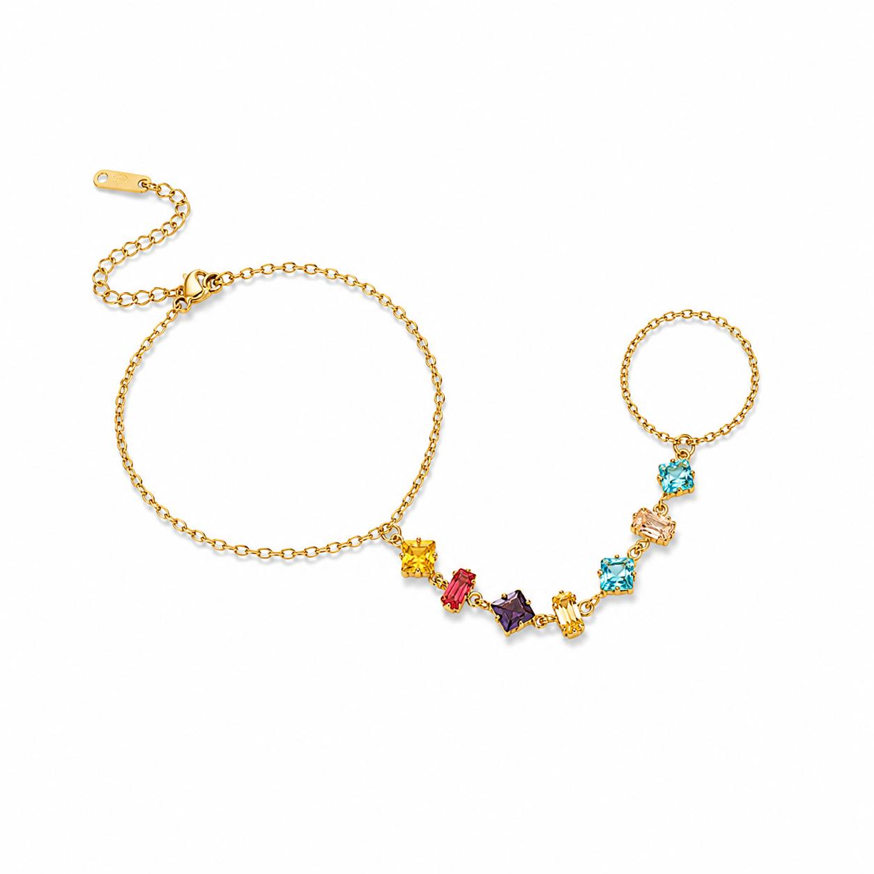 Multi colour Stone Gold Hand Chain (Ring With Bracelet)