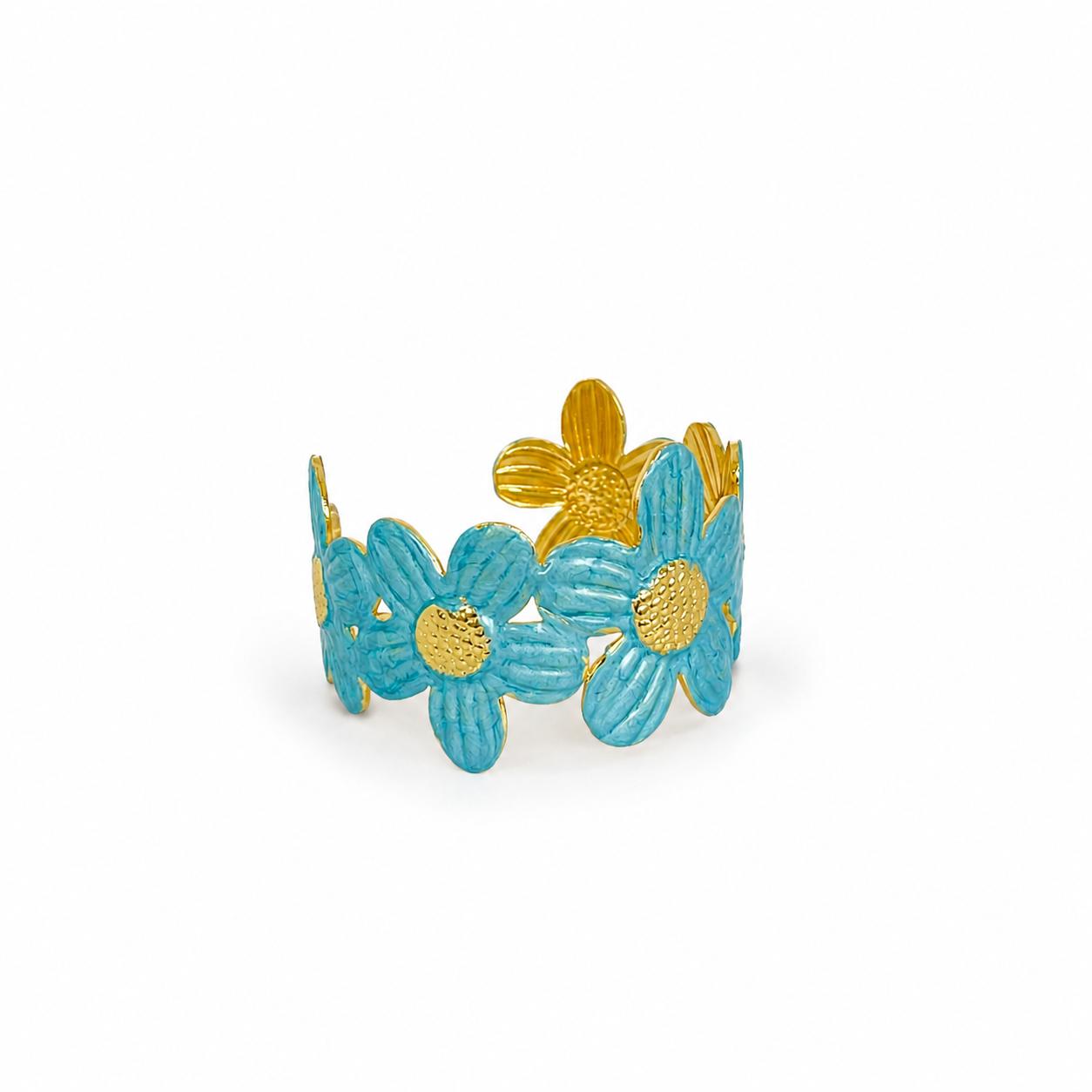 Blue Daisy Bangle Bracelet (Adjustable Size)