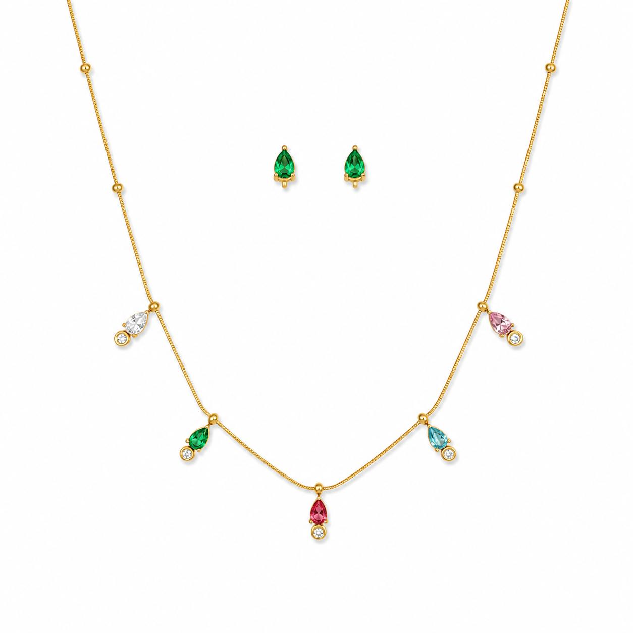 Multi Drop Stone Gold Combo Set Earrings And Necklace