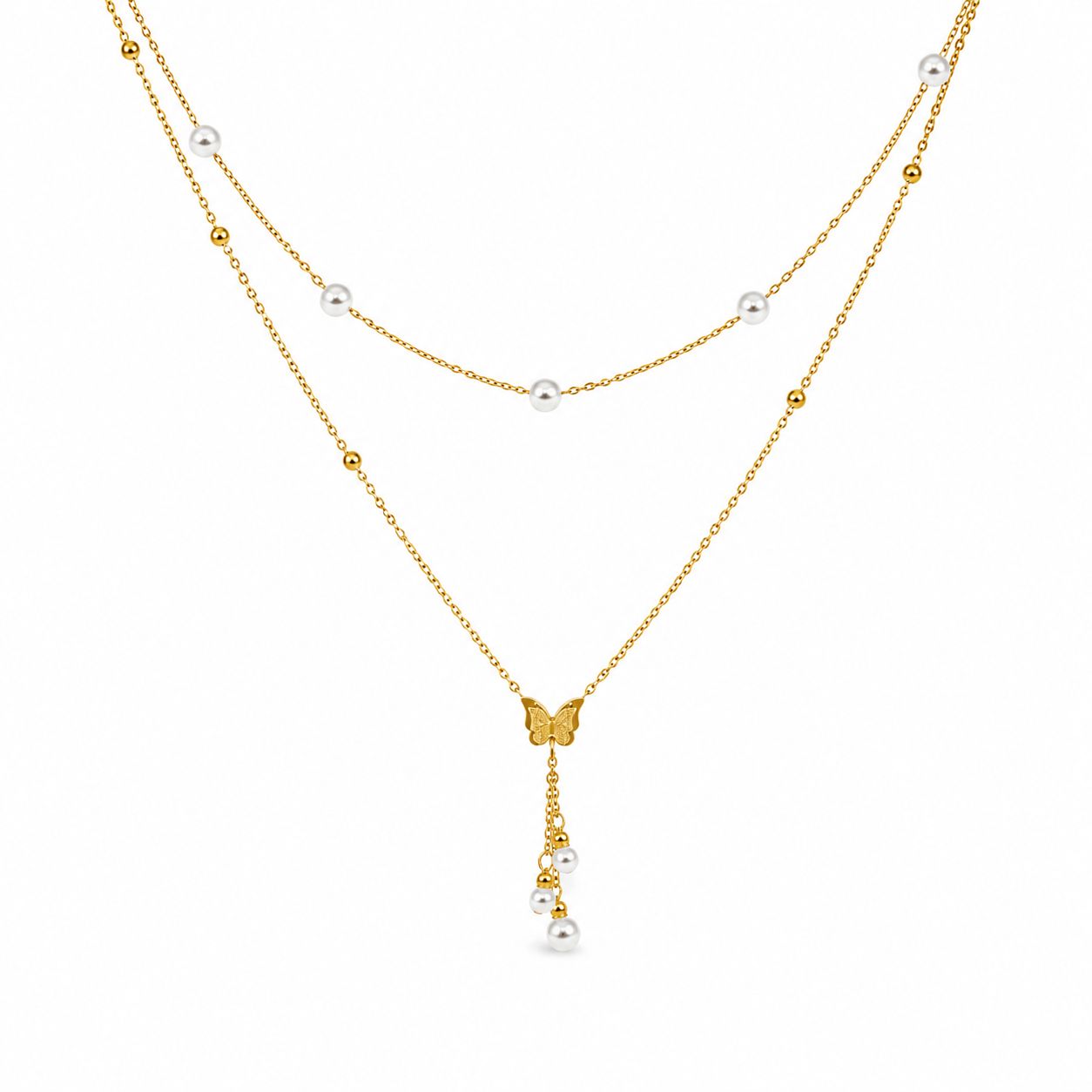 Butterfly Pearl Layered Gold Necklace