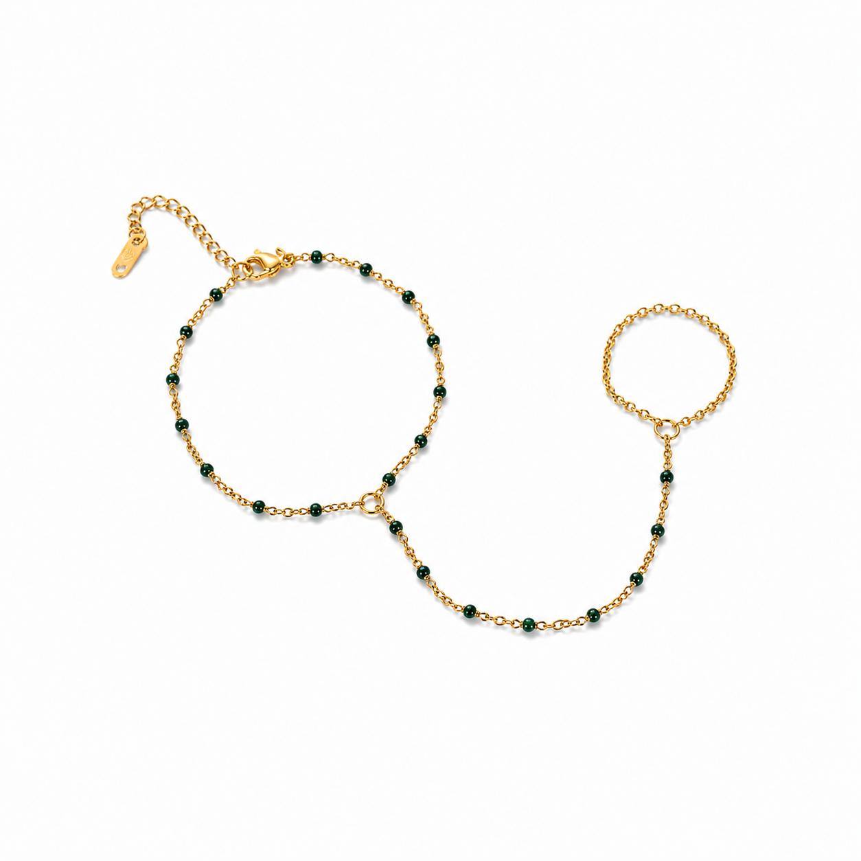 Plain Green Stone Gold Hand Chain (Ring With Bracelet)